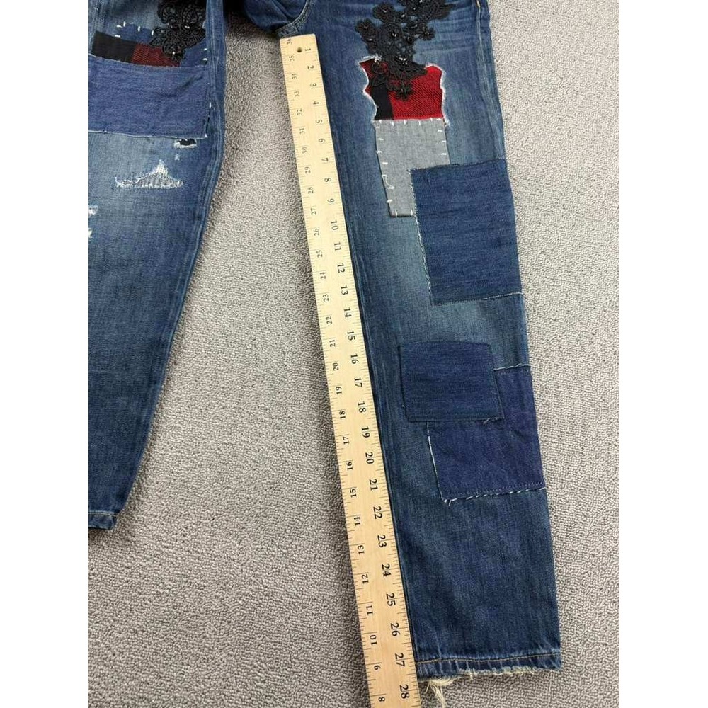 Lauren Ralph Lauren Jeans Women 00 Relaxed Taper Patchwork Blue Plaid Lace Denim - Picture 6 of 11